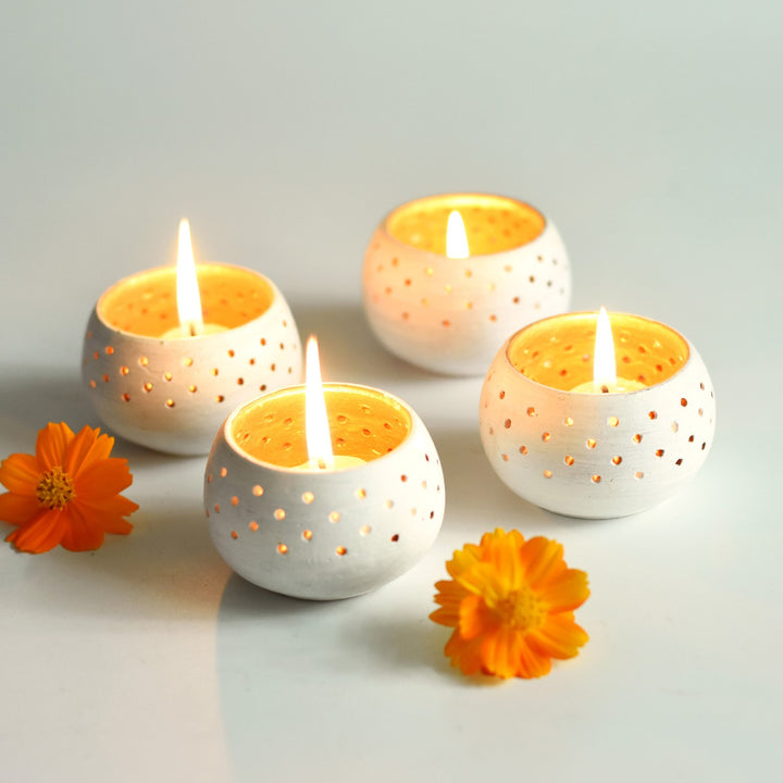 White Dome Shape Tealight Candle Holder/Pot | Terracotta | Set of 4