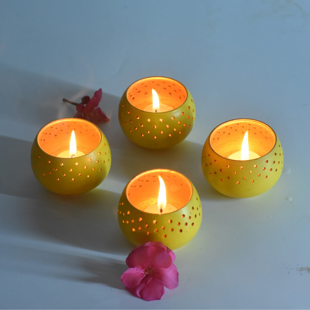 Yellow Dome Shape Tealight Candle Holder/Pot | Terracotta | Set of 4