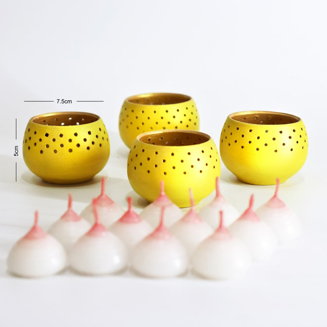 Yellow Dome Shape Tealight Candle Holder/Pot | Terracotta | Set of 4