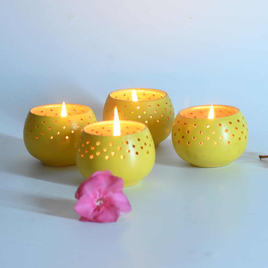 Yellow Dome Shape Tealight Candle Holder/Pot | Terracotta | Set of 4