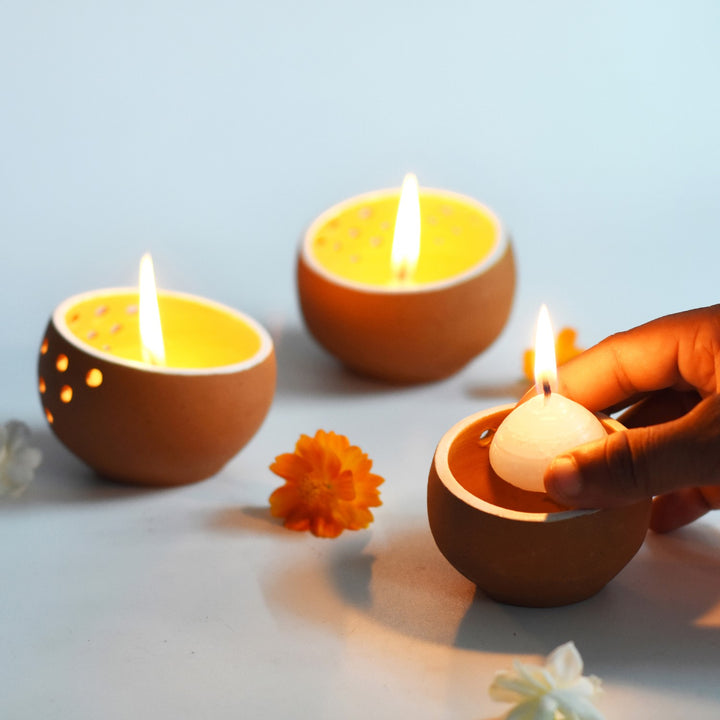 Drum Shape Terracotta Candle Holder/Pot | Hand-Crafted | Set of 3