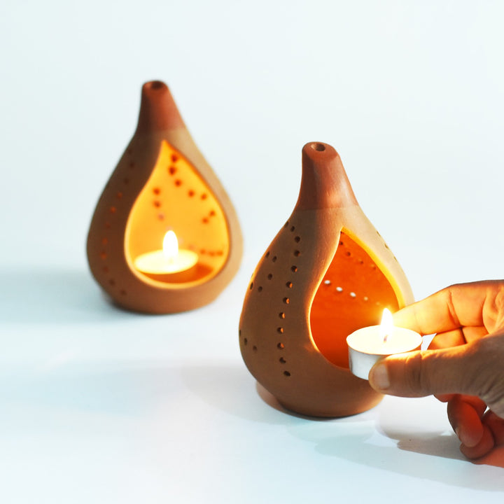 Tear Drop Shape Candle Holder/Pot | Terracotta | Set of 2