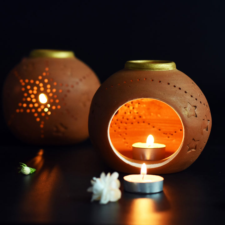 Ethnic Glow Terracotta Candle Holder/Pot | Hand Crafted | Set of 2