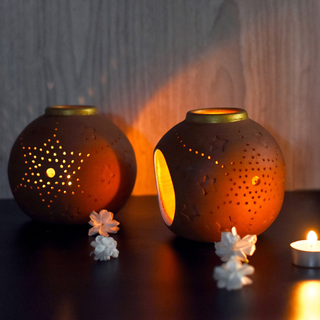 Ethnic Glow Terracotta Candle Holder/Pot | Hand Crafted | Set of 2