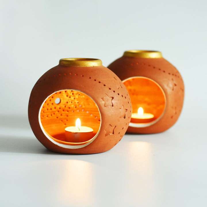 Ethnic Glow Terracotta Candle Holder/Pot | Hand Crafted | Set of 2