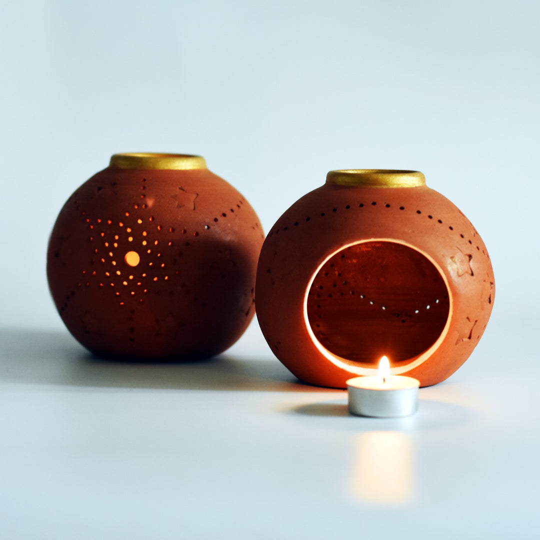 Ethnic Glow Terracotta Candle Holder/Pot | Hand Crafted | Set of 2