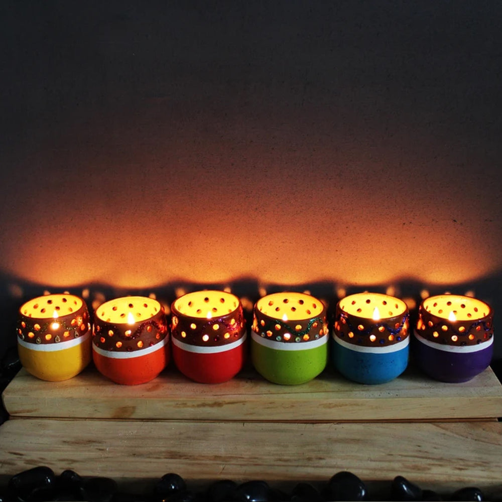 Mini Multi-Coloured Terracotta Tealight Candle Holder | Set Of 6