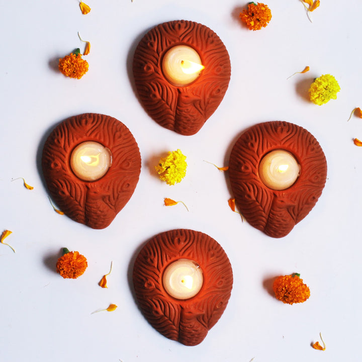 Peacock Tealight Candle Holder | Terracotta | Festive Pack Of 6