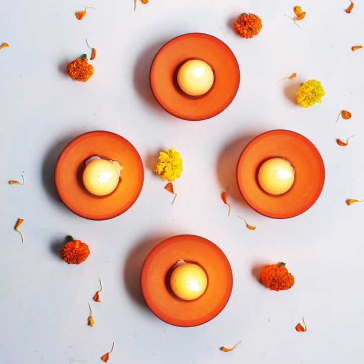 Terracotta Tealight Candle Holder With Candles | Hand-Crafted | Pack Of 6