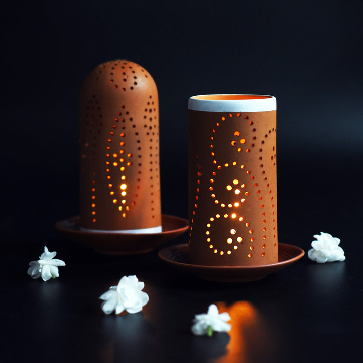 Decorative Perforated Terracotta Tealight Candle Holder | Set of 2