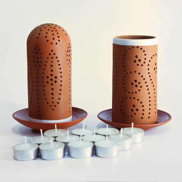 Decorative Perforated Terracotta Tealight Candle Holder | Set of 2