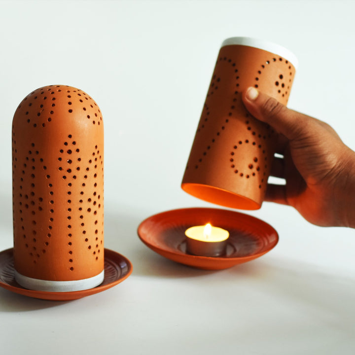 Decorative Perforated Terracotta Tealight Candle Holder | Set of 2