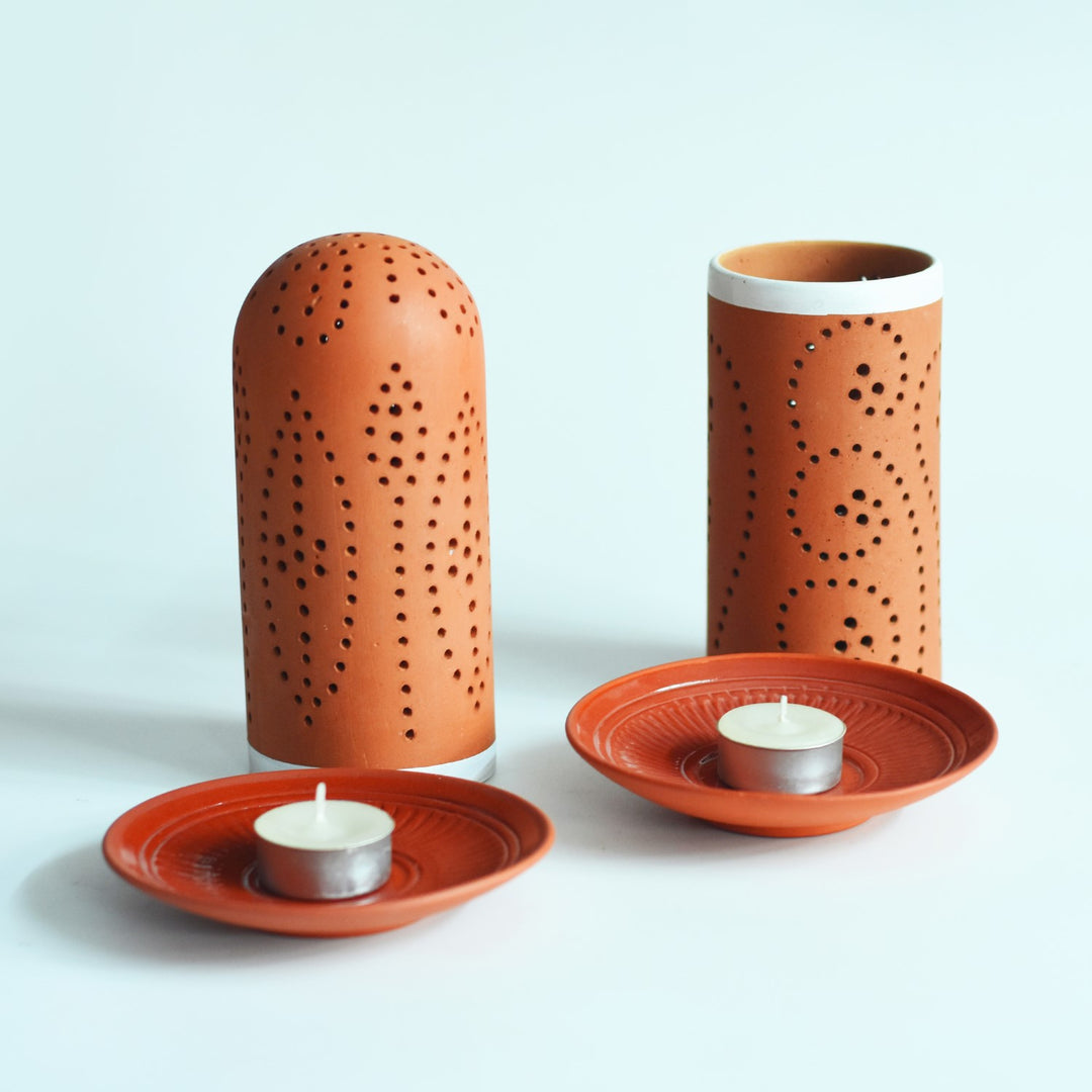 Decorative Perforated Terracotta Tealight Candle Holder | Set of 2