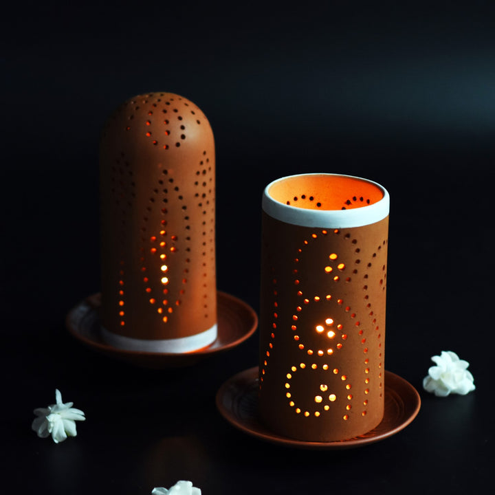 Decorative Perforated Terracotta Tealight Candle Holder | Set of 2