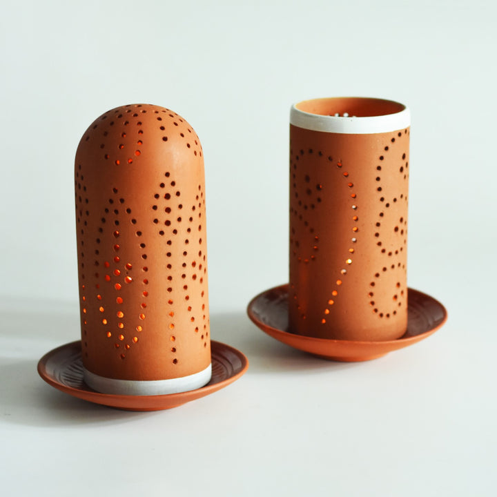 Decorative Perforated Terracotta Tealight Candle Holder | Set of 2