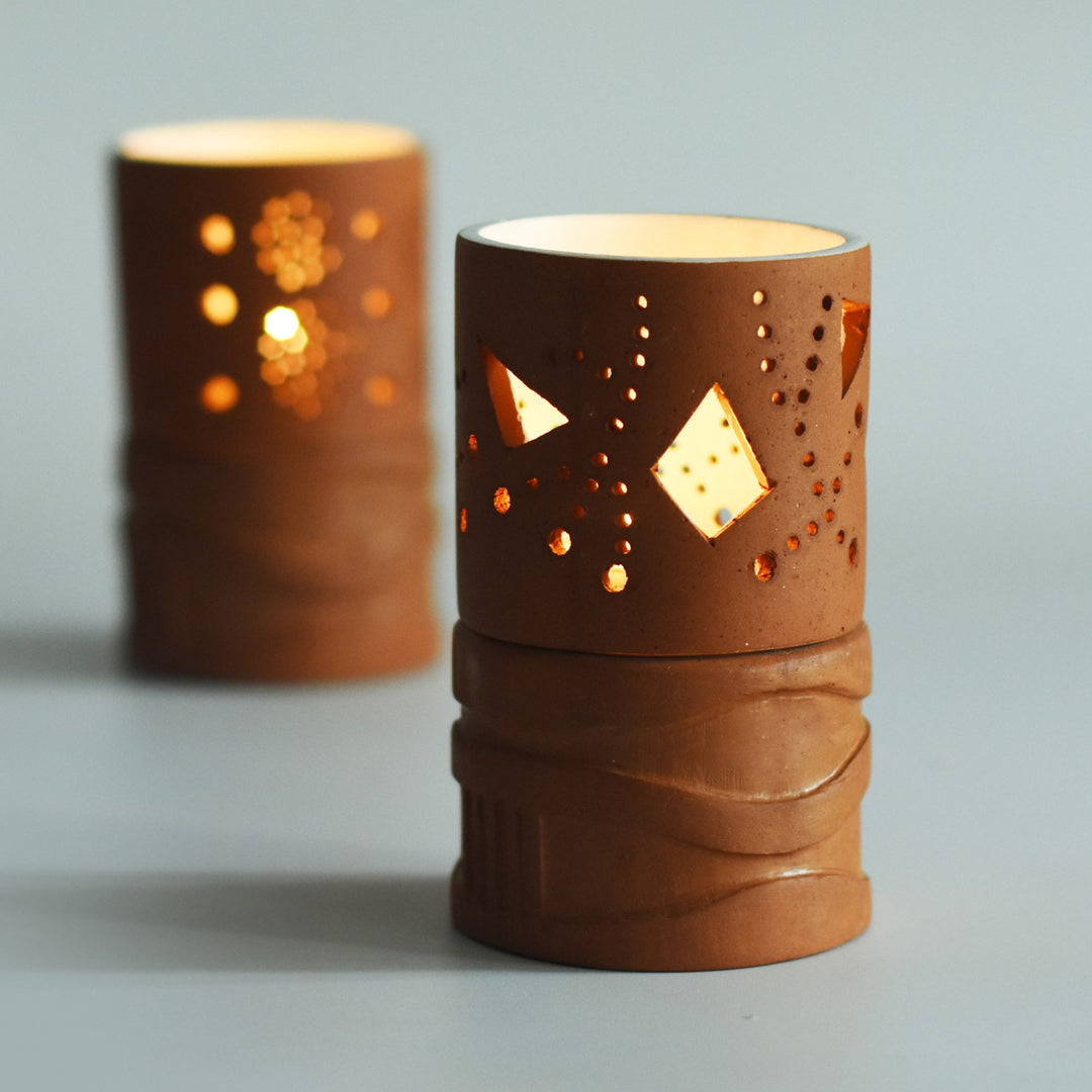 Festive Tealight Candle Holder | Terracotta | Hand-Crafted | Set of 2