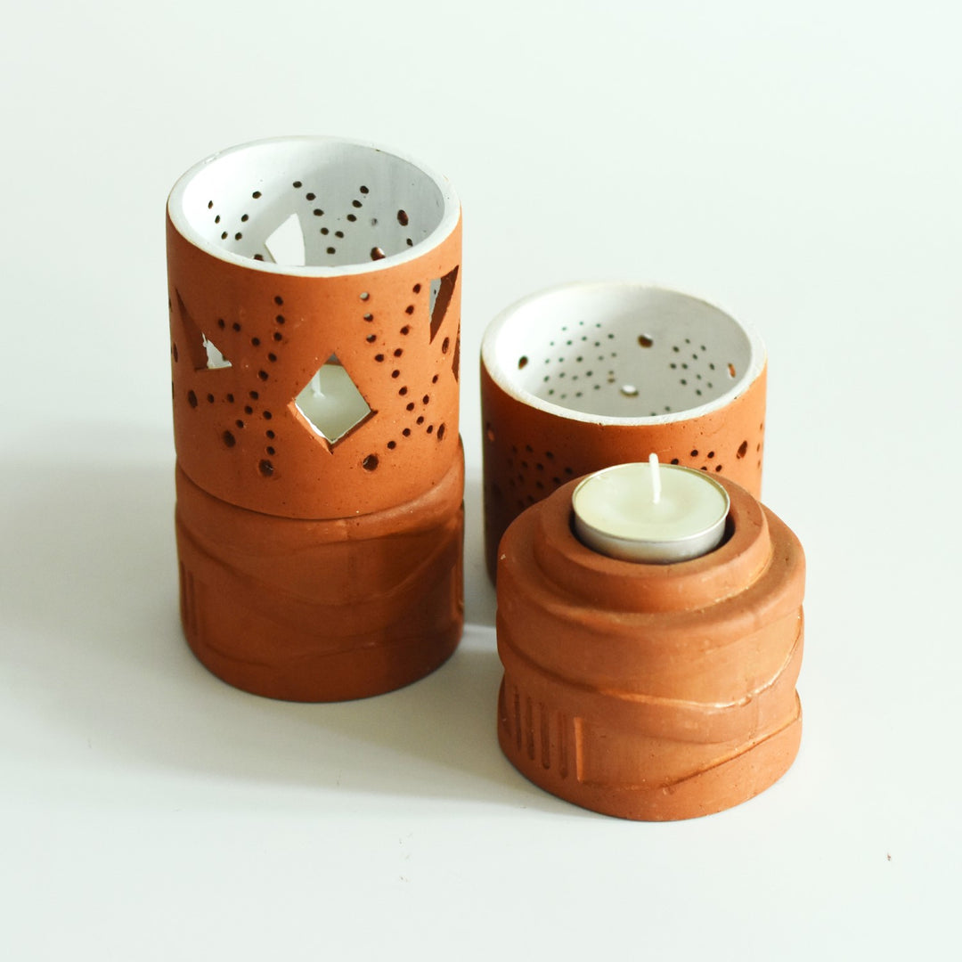 Festive Tealight Candle Holder | Terracotta | Hand-Crafted | Set of 2