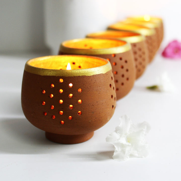 Festive Small Candle Holder Pot | Hand-Crafted | Terracotta | Set of 6