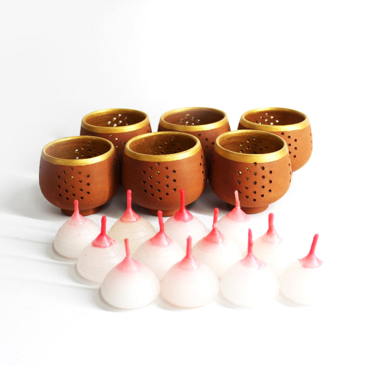 Festive Small Candle Holder Pot | Hand-Crafted | Terracotta | Set of 6