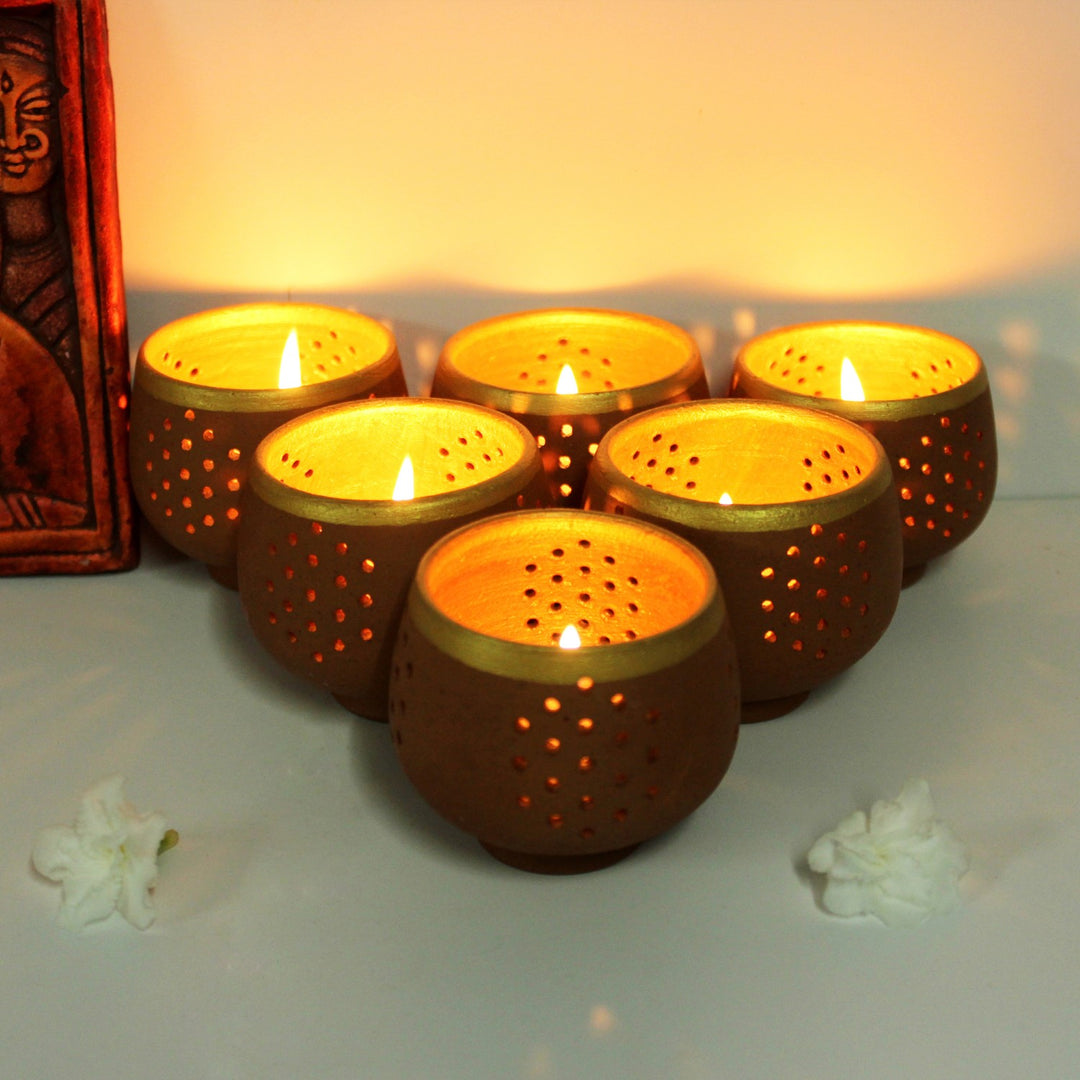 Festive Small Candle Holder Pot | Hand-Crafted | Terracotta | Set of 6