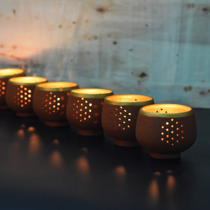 Festive Small Candle Holder Pot | Hand-Crafted | Terracotta | Set of 6