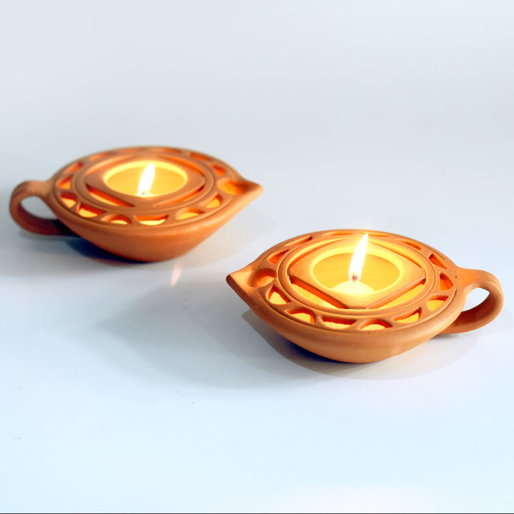 Decorative Queen Diya Holder/Pot | Terracotta | Hand-Crafted | Set of 2