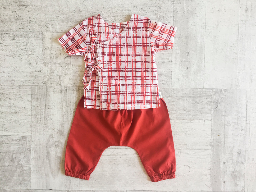 Chequered White Angrakha Top & Red Pants for Kids | Sustainable Organic Cotton