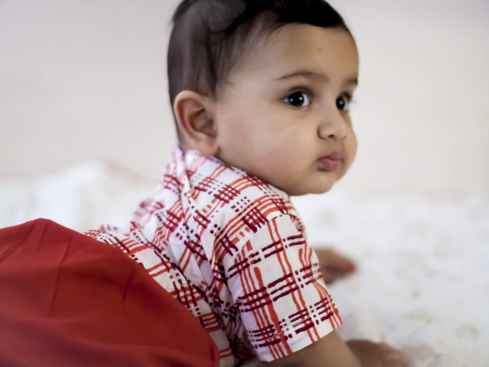 Chequered White Angrakha Top & Red Pants for Kids | Sustainable Organic Cotton