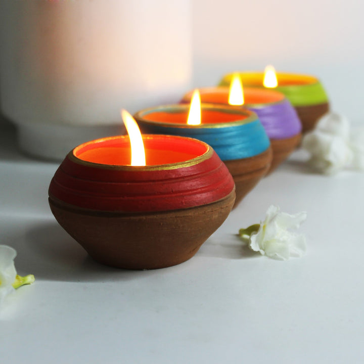 Multi-Coloured Ethnic Terracotta Tealight Candle Holder | Set Of 4