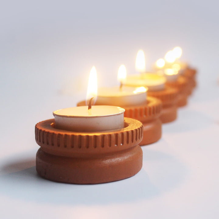 Hand-Crafted Ethnic Tab Tealight Candle Holder | Terracotta | Set of 6