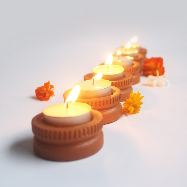 Hand-Crafted Ethnic Tab Tealight Candle Holder | Terracotta | Set of 6