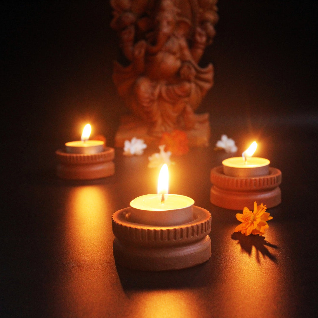 Hand-Crafted Ethnic Tab Tealight Candle Holder | Terracotta | Set of 6