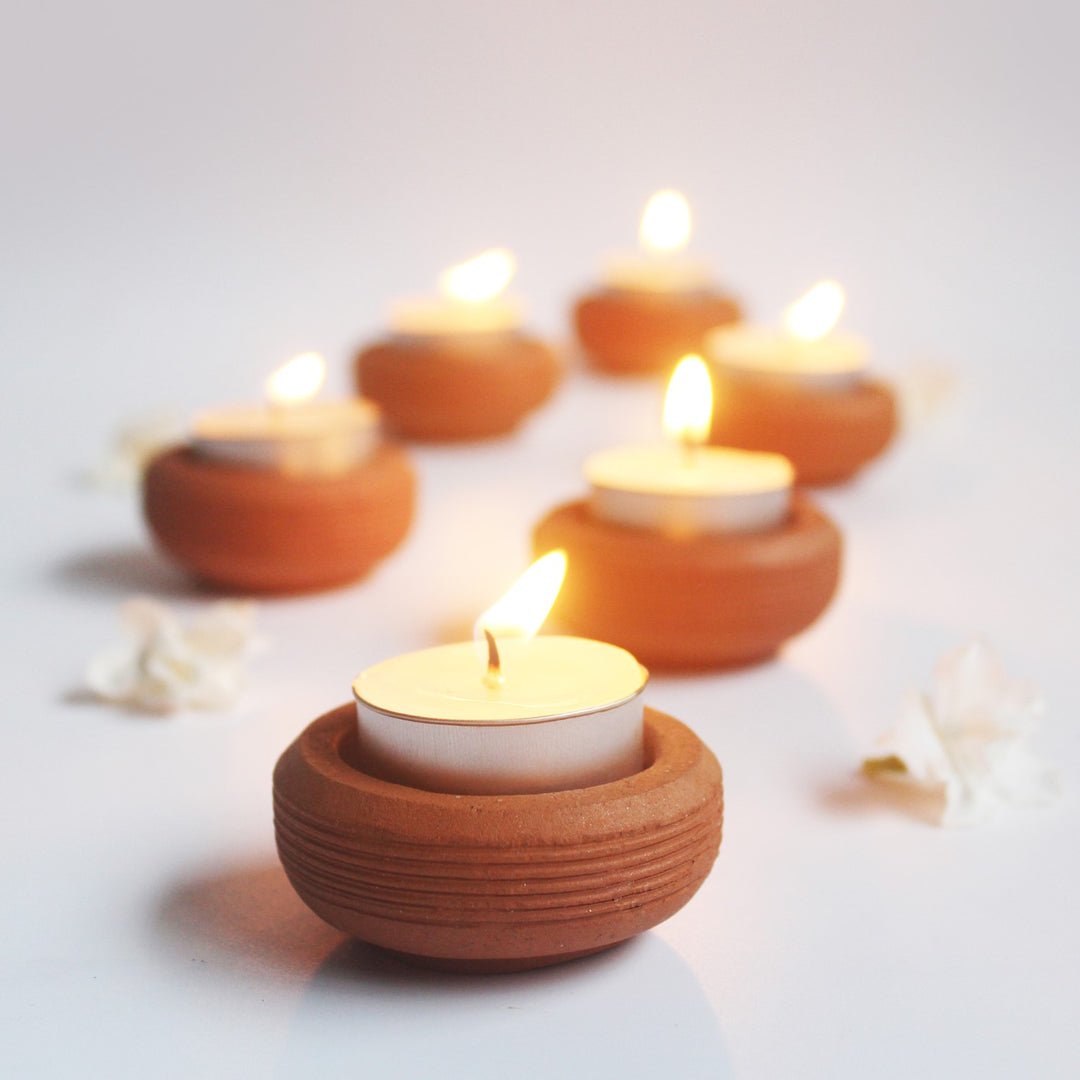 Wheel Tab Hand-Crafted Tealight Candle Holder | Terracotta | Set of 6