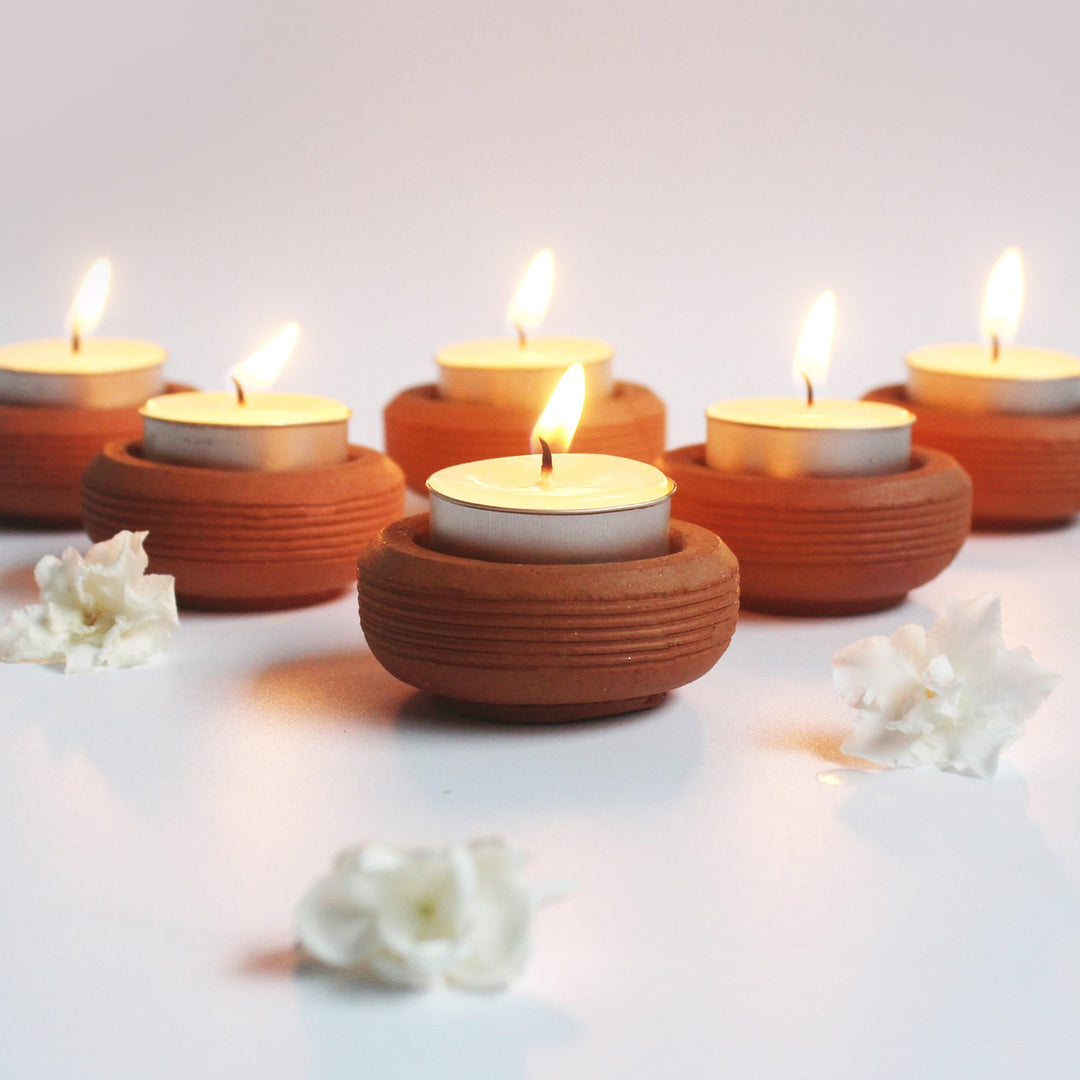 Wheel Tab Hand-Crafted Tealight Candle Holder | Terracotta | Set of 6