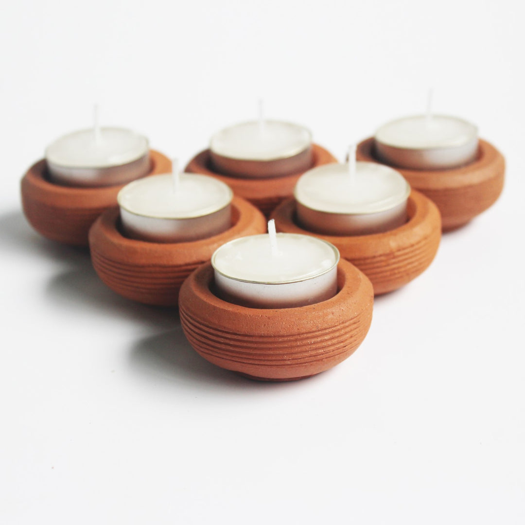 Wheel Tab Hand-Crafted Tealight Candle Holder | Terracotta | Set of 6