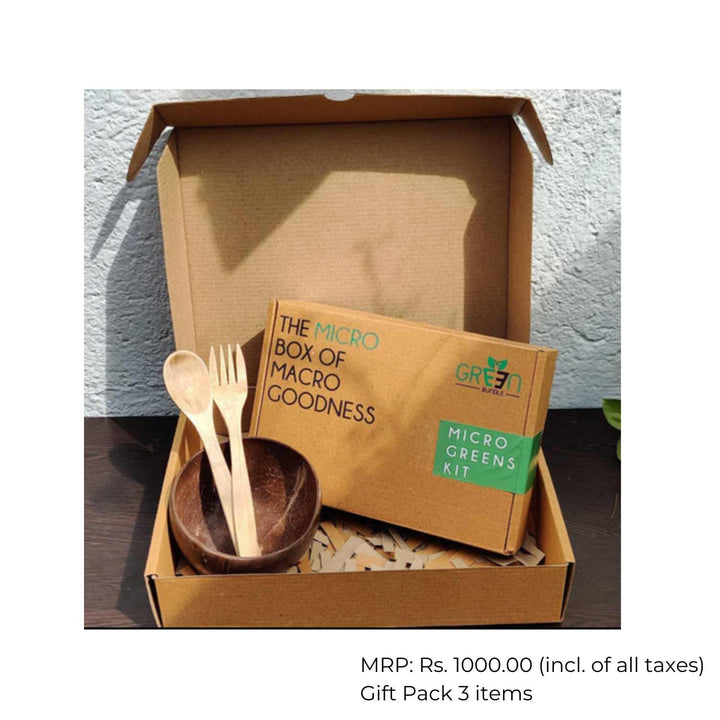 DIY Gift Box - Microgreens Growing Kit, Coconut Bowl & Bamboo Cutlery | Set of 3 Items