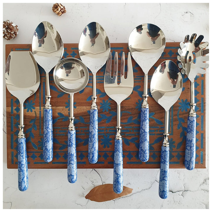 Serving Cutlery | Artistic Tableware Decor | Blue Lotus Print | Set Of 8