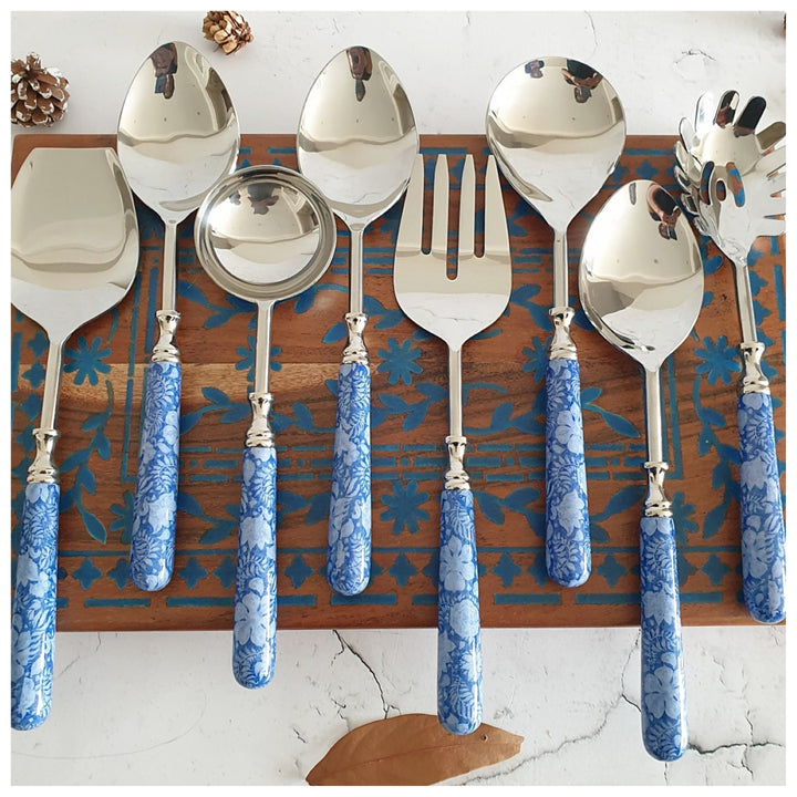 Serving Cutlery | Artistic Tableware Decor | Blue Lotus Print | Set Of 8