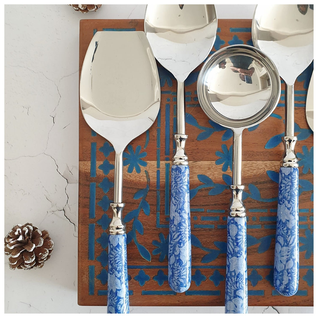 Serving Cutlery | Artistic Tableware Decor | Blue Lotus Print | Set Of 8