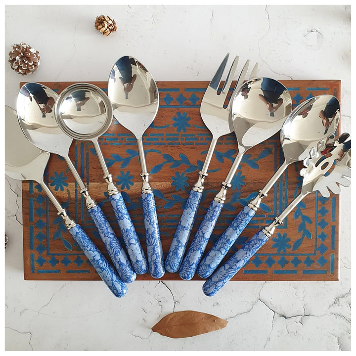 Serving Cutlery | Artistic Tableware Decor | Blue Lotus Print | Set Of 8