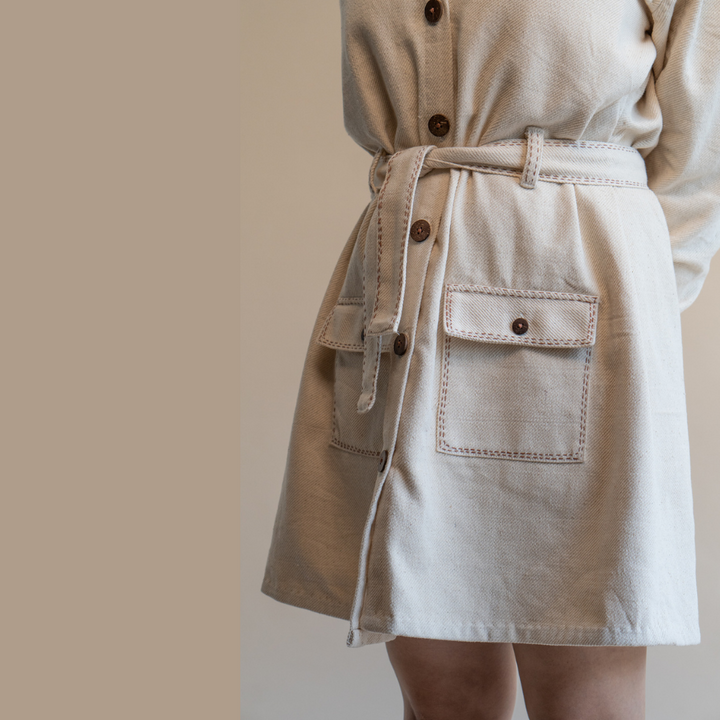 Classic Ivory Denim Dress | Detailed in Kantha | Stylish Formal Look