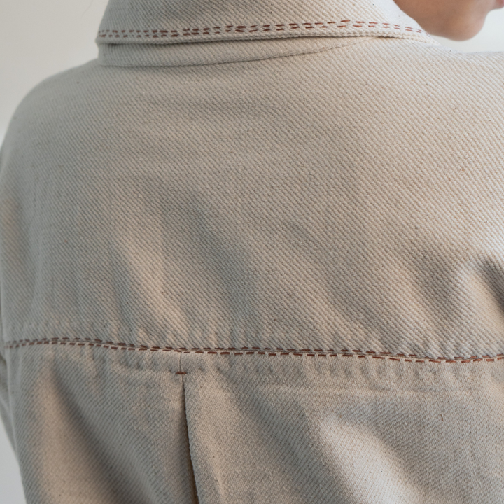 Classic Ivory Denim Dress | Detailed in Kantha | Stylish Formal Look