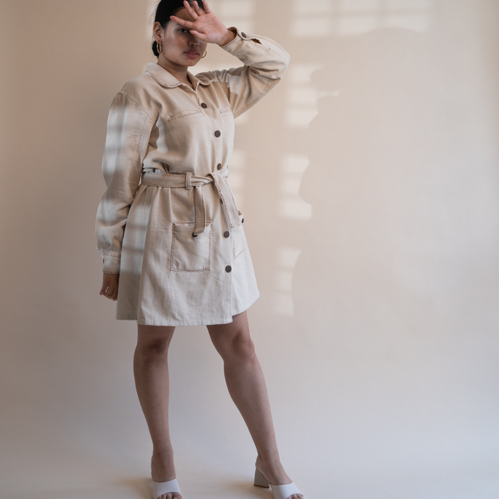 Classic Ivory Denim Dress | Detailed in Kantha | Stylish Formal Look