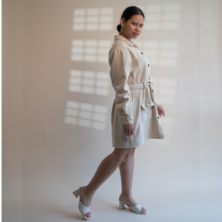 Classic Ivory Denim Dress | Detailed in Kantha | Stylish Formal Look