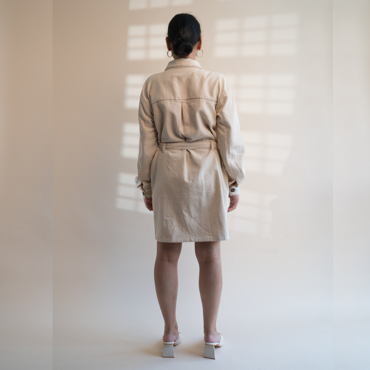 Classic Ivory Denim Dress | Detailed in Kantha | Stylish Formal Look
