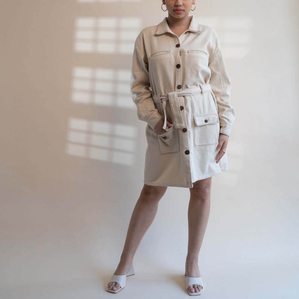 Classic Ivory Denim Dress | Detailed in Kantha | Stylish Formal Look