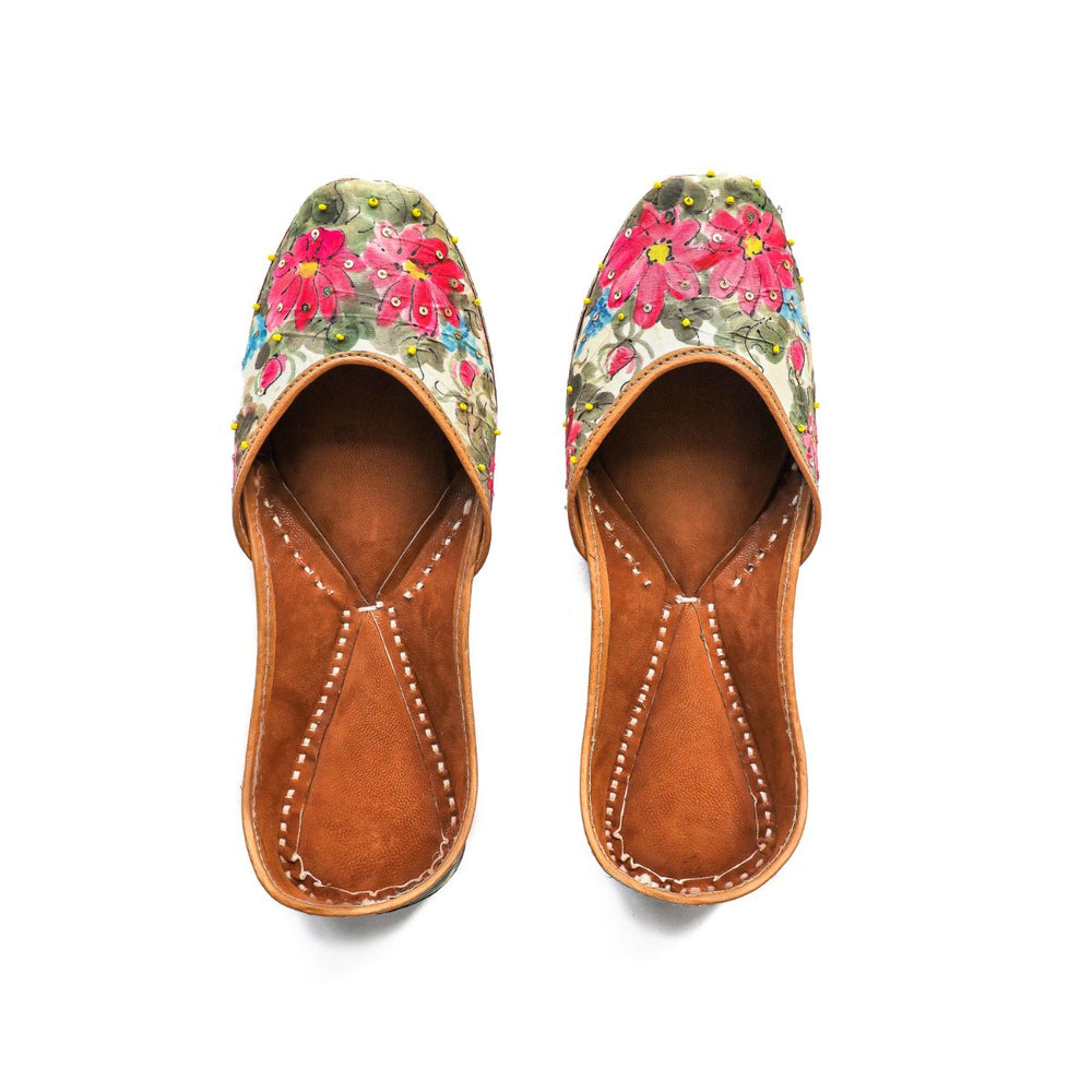 Cosmos Hand-Painted Women Jutti | Pink & Green | Hand Embroidered