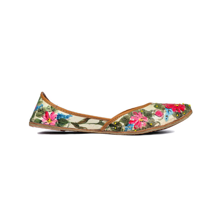 Cosmos Hand-Painted Women Jutti | Pink & Green | Hand Embroidered