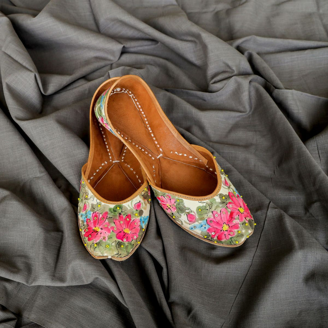 Cosmos Hand-Painted Women Jutti | Pink & Green | Hand Embroidered