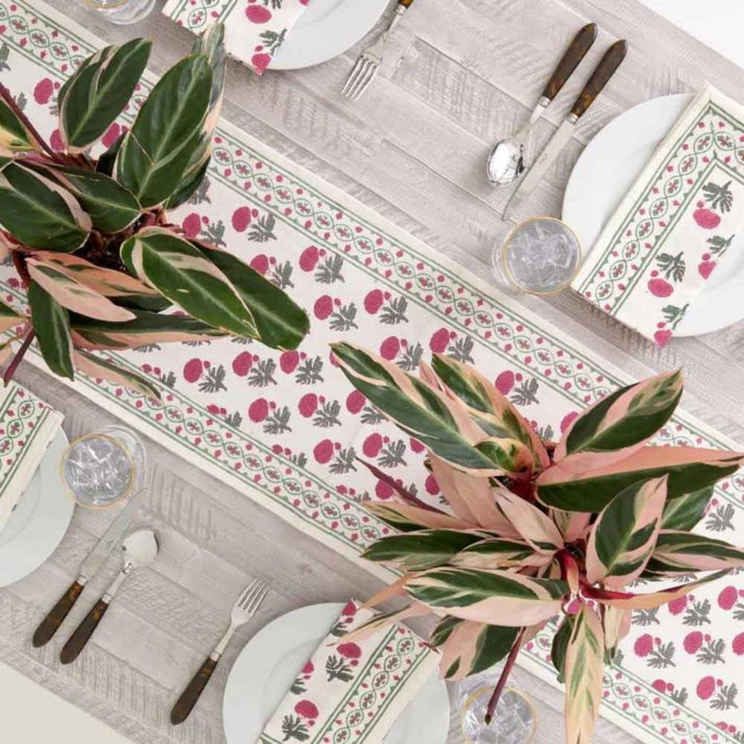 Cotton Dining Table Runner | Jaipuri Print | Red, Green & Off-white | 12" x 72" 